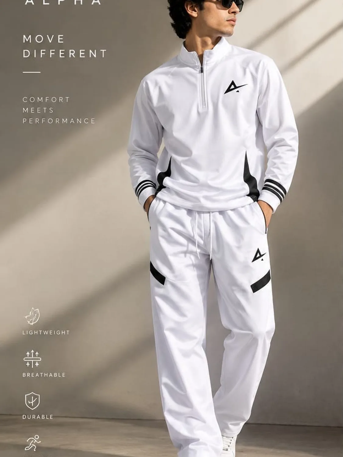 Alpha White Half-Zip Tracksuit — White / Black